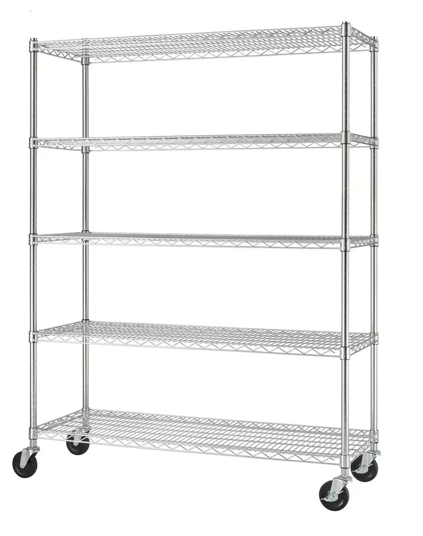 Chrome Cover Storge Wire Shelving 122x46x180 Cm 5 Tier With Wheels
