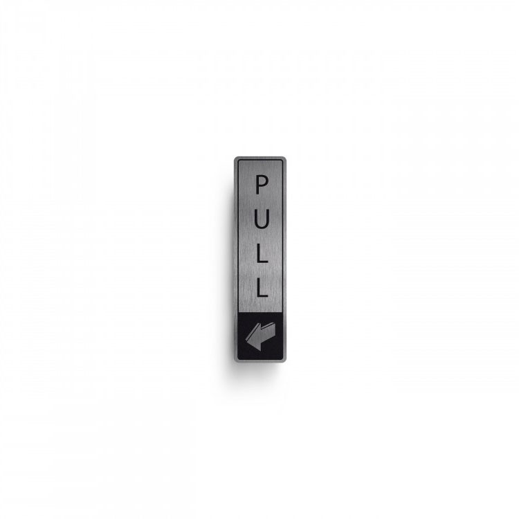 Pull Vertical With Symbol Door Sign. Black On Silver Dm057